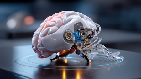 This image features a futuristic robotic brain composed of intricate mechanical components, highlighting innovation in technology and artificial intelligence.の素材