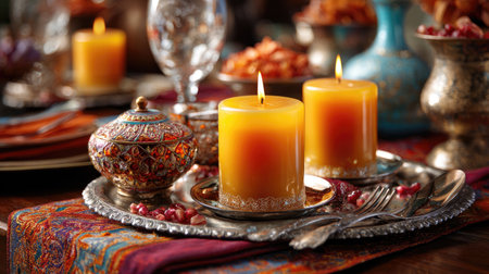 A beautifully arranged dining table showcases glowing candles, rich textiles, and ornamental pieces, creating a warm, inviting atmosphere for gatherings.の素材