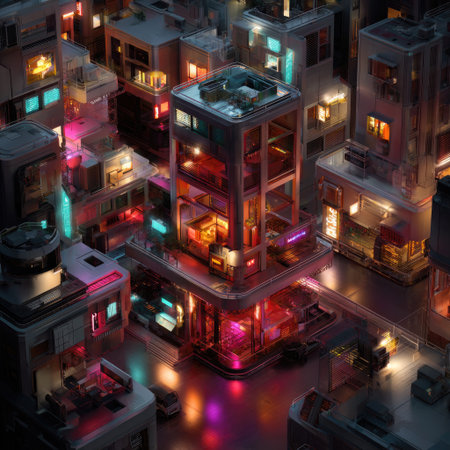 This image captures a vibrant urban cityscape at night, filled with colorful neon lights reflecting off modern architecture, evoking a dynamic and energetic atmosphere.の素材