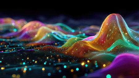 A visually captivating digital artwork featuring vibrant abstract wave patterns illuminated by colorful lights, creating a dynamic energy flow in a mesmerizing design.の素材