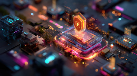 This vibrant digital cityscape showcases a shield icon symbolizing cybersecurity and data protection, highlighting technology and innovation in a modern world.の素材