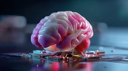 This high-quality image showcases a stylized brain resting on a circuit board, symbolizing the intersection of human cognition and advanced technology, exploring the future of artificial intelligence.の素材