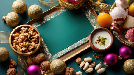 A vibrant arrangement of mixed nuts, colorful sweets, and gold decorations elegantly set on a green background, perfect for holiday celebrations.の素材