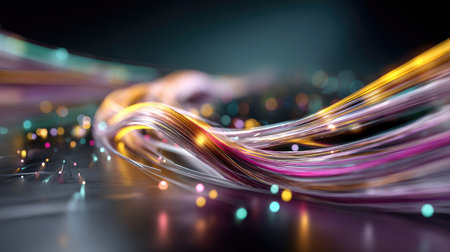 This captivating abstract image showcases colorful light waves flowing smoothly, complemented by glowing particles against a dark backdrop, exuding dynamic energy.の素材