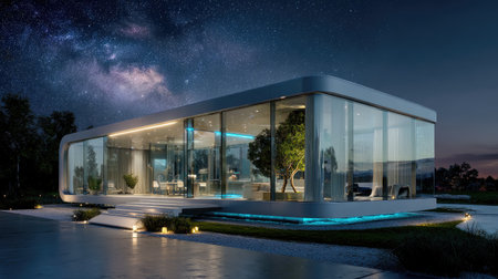 A stunning modern glass house illuminated by blue lights stands under a starry night sky, showcasing a harmonious blend of luxury and nature.の素材