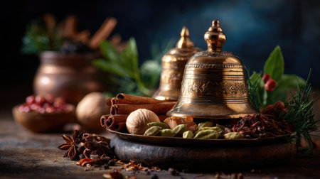 A charming arrangement of traditional spices and herbs displayed on a wooden table, featuring decorative bells and natural elements, capturing culinary essence.の素材