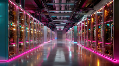 A vibrant view of a modern data center aisle, showcasing colorful lighting and organized server racks, exemplifying technology and digital infrastructure.の素材