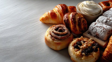A beautiful arrangement of diverse pastries showcases a tempting selection of baked goods, perfect for breakfast or dessert lovers. Indulge in these sweet treats.の素材