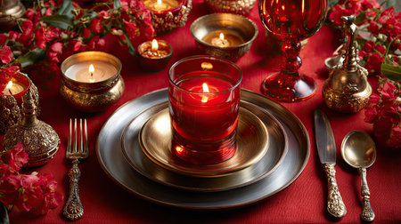 A beautifully arranged dining table featuring elegant dinnerware, soft candlelight, and vibrant floral accents, perfect for celebrating special occasions or intimate gatherings.の素材