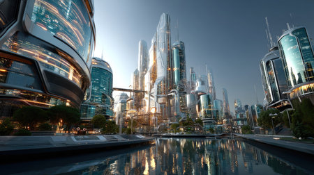 This stunning futuristic cityscape at dusk showcases towering skyscrapers with reflective surfaces along a serene waterway, merging modern architecture with nature.の素材