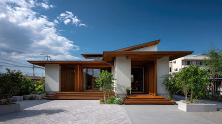 A modern architectural masterpiece showcasing a stylish home with wooden accents, surrounded by lush greenery under a bright blue sky.の素材