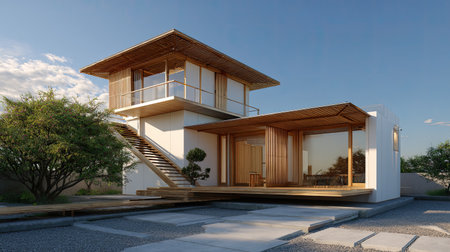 A beautifully designed modern house showcases innovative architecture with wooden accents and spacious surroundings, providing a serene and inviting atmosphere in a natural environment.の素材