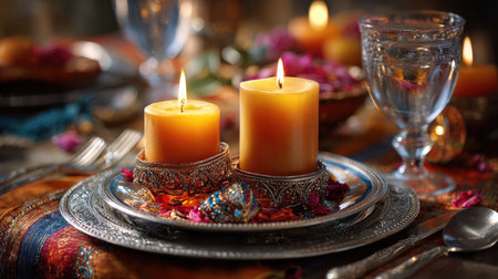 A stunning arrangement featuring two lit candles surrounded by decorative flowers and glassware, creating a warm and inviting atmosphere for any gathering.の素材