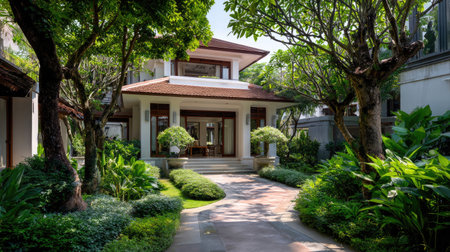 A tranquil garden pathway leads to a modern house, surrounded by lush tropical foliage. This serene scene captures the essence of peaceful outdoor living amidst vibrant greenery.の素材