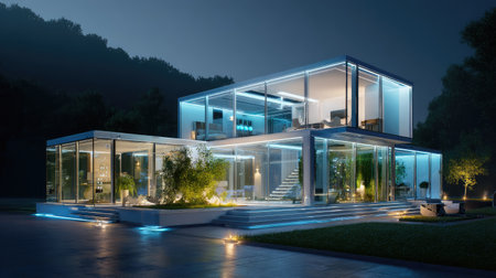 This image showcases a stunning modern glass house illuminated by blue lights at night. Surrounded by lush greenery, it captures contemporary elegance and innovative architecture.の素材