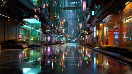 A stunning futuristic urban cityscape at night, featuring vibrant neon lights and reflections on polished surfaces, creating a captivating high-tech atmosphere.の素材