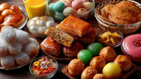 Explore this vibrant display of traditional desserts and snacks showcasing a diverse range of sweet treats, perfect for celebrations and culinary delights.の素材
