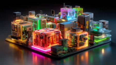 A stunning digital art piece depicting a vibrant, futuristic cityscape filled with glowing technology and colorful circuitry, perfect for tech-related themes.の素材