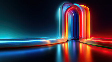 This abstract image showcases vibrant neon light patterns reflecting in a dark ambiance, perfect for modern designs, backgrounds, or artistic concepts.の素材
