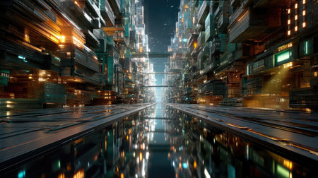 This stunning futuristic cityscape features vibrant neon lights and reflective surfaces, creating a captivating sci-fi digital environment.の素材