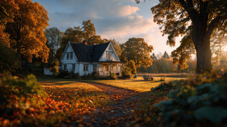 Captivating autumn landscape showcasing a cozy house amidst vibrant fall foliage. Soft sunset light bathes the scene in warmth, inviting tranquility.の素材