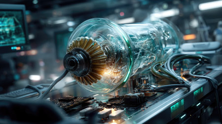 This image showcases a futuristic science fiction device featuring intricate glass components and advanced technological elements on a laboratory table. The scene captures the essence of innovation and creativity, highlighting intricate details and sophisticated designs in a high-tech environment.の素材