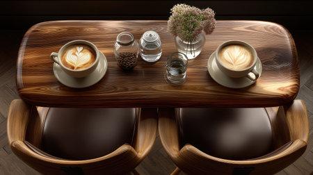 Two beautifully crafted lattes with intricate foam art sit on a wooden table, complemented by a delicate floral arrangement and comfortable chairs.の素材