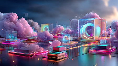 Dive into a stunning futuristic digital landscape adorned with vibrant neon lights and fluffy clouds, creating a mesmerizing and imaginative atmosphere.の素材