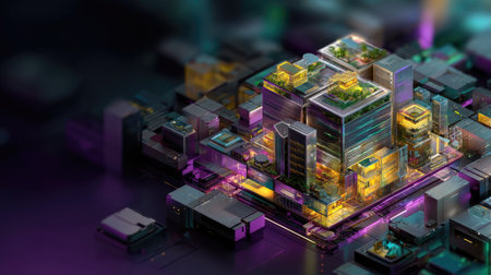 This vibrant digital artwork features a futuristic cityscape illuminated with neon lights, showcasing modern architecture, green rooftops, and innovative urban design.の素材