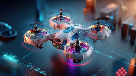 A sleek and modern drone equipped with colorful LED lights, hovering over a futuristic interface, represents cutting-edge technology and innovation.の素材