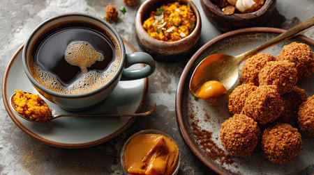This image features a cozy coffee setup with a steaming cup, traditional Indian sweets, and snacks displayed on rustic tableware, ideal for culinary inspiration.の素材