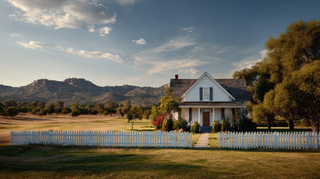 A charming countryside house featuring a white picket fence surrounded by lush greenery and an expansive mountain view in the background.の素材