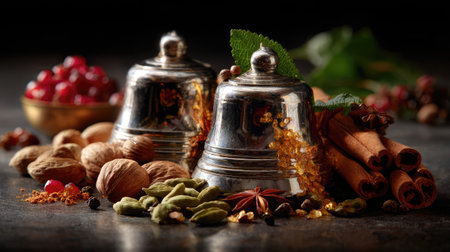 A stunning display of colorful spices and nuts rests beside decorative silver bells, creating a rich and inviting scene perfect for culinary inspiration.の素材