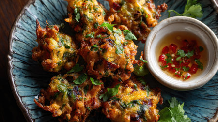 A vibrant collection of crispy vegetable fritters served with a tangy dipping sauce, perfect for appetizers or snacks. Beautifully plated with fresh herbs.の素材