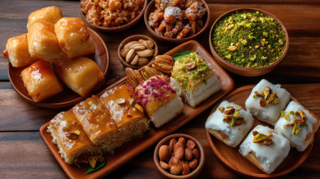 A beautifully arranged platter of assorted traditional Middle Eastern sweets, featuring various shapes and rich flavors, perfect for festive occasions and gatherings.の素材