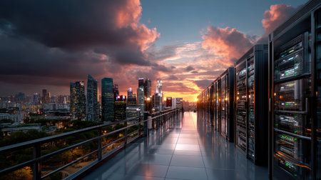 Experience a breathtaking sunset view from a high-tech data center. This image captures a modern skyline adorned with server racks reflecting golden hues.の素材