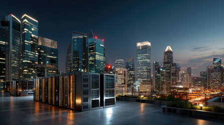 A breathtaking view of a modern urban skyline at night showcases a data server on a rooftop, surrounded by illuminated skyscrapers and vibrant city lights.の素材