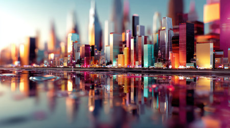 A stunning view of a vibrant city skyline reflecting on calm water during twilight hours. Colorful lights illuminate the buildings, creating a mesmerizing urban scene.の素材