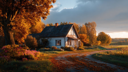 Capture the essence of a serene autumn landscape featuring a vintage house, colorful foliage, and a scenic pathway at sunset, creating an inviting atmosphere.の素材