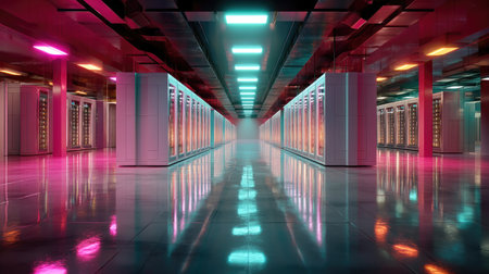 A striking interior of a futuristic data center showcasing rows of server racks illuminated with vibrant neon lights and reflective flooring, creating a high-tech ambiance.の素材