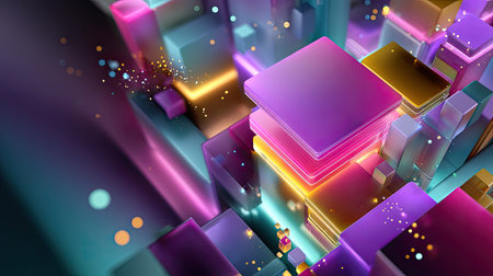 Explore a stunning digital landscape featuring colorful geometric shapes and glowing lights, creating an immersive and vibrant atmosphere. Ideal for modern visuals.の素材