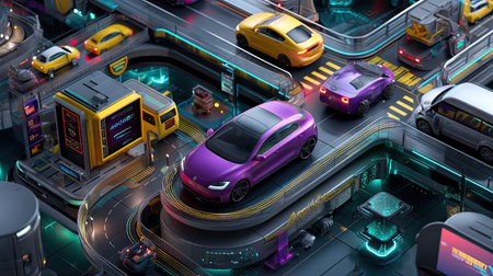 A captivating digital artwork showcasing a futuristic urban environment filled with vibrant vehicles, illuminated streets, and intricate designs, highlighting modern transport dynamics.の素材