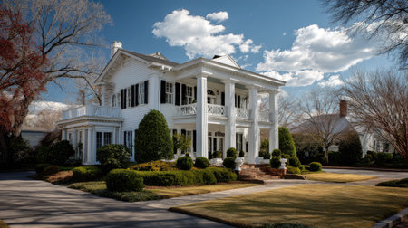 Stunning view of an elegant historic house featuring beautiful columns and lush landscaping under a clear blue sky, exemplifying classic architectural style.の素材