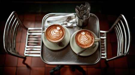 This image showcases a cozy cafe scene featuring two beautifully crafted latte art cups resting on a metal tray, perfect for capturing the essence of comfort and relaxation.の素材