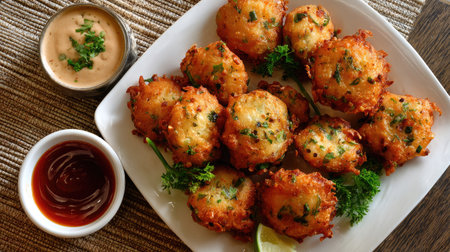 A tempting plate of crispy fried appetizers garnished with fresh herbs, served with a variety of flavorful dipping sauces. Perfect for sharing!の素材