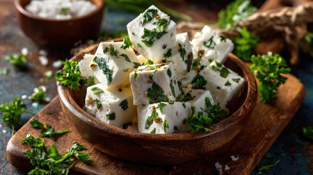 A beautiful representation of fresh herb-infused cheese cubes displayed in a wooden bowl, garnished with parsley, evoking a rustic and delightful culinary experience.の素材