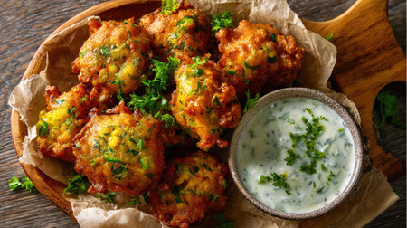 Indulge in these crispy vegetable fritters served with a flavorful herb dip, perfect for appetizers, gatherings, or a delightful snack. The rustic presentation enhances the visual appeal, making it an inviting dish for any occasion.の素材
