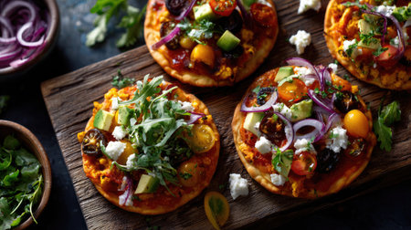 This vibrant image showcases flatbreads topped with fresh vegetables, herbs, and cheese arranged beautifully on a rustic wooden board, perfect for any culinary setting.の素材