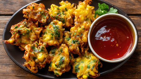 Enjoy a plate of crispy vegetable fritters infused with golden cheese, served alongside a bowl of sweet chili sauce for dipping. Ideal for snacks or parties.の素材