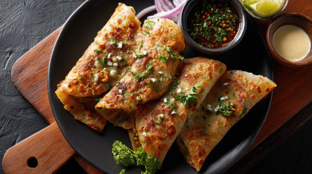 Experience the flavors of Indian street food with these crispy rolls served alongside vibrant chutney and fresh vegetables, perfect for sharing.の素材